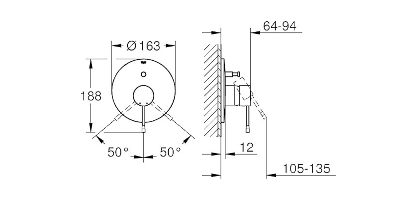 Grohe Essence two way shower mixer technical dimensions chart