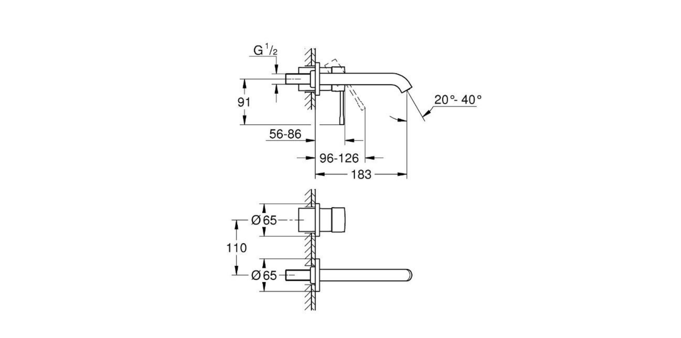 Grohe Essence wall mount basin mixer technical dimensions chart