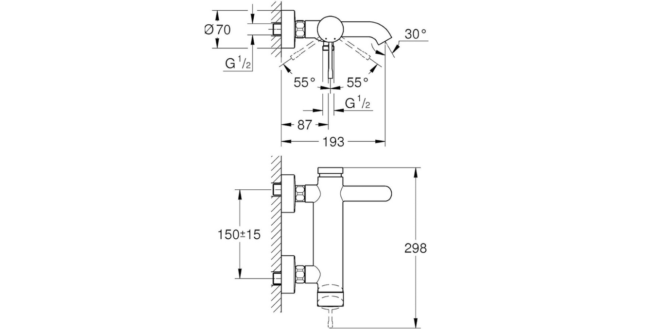 Grohe Essence wall mounted tub mixer technical dimensions chart