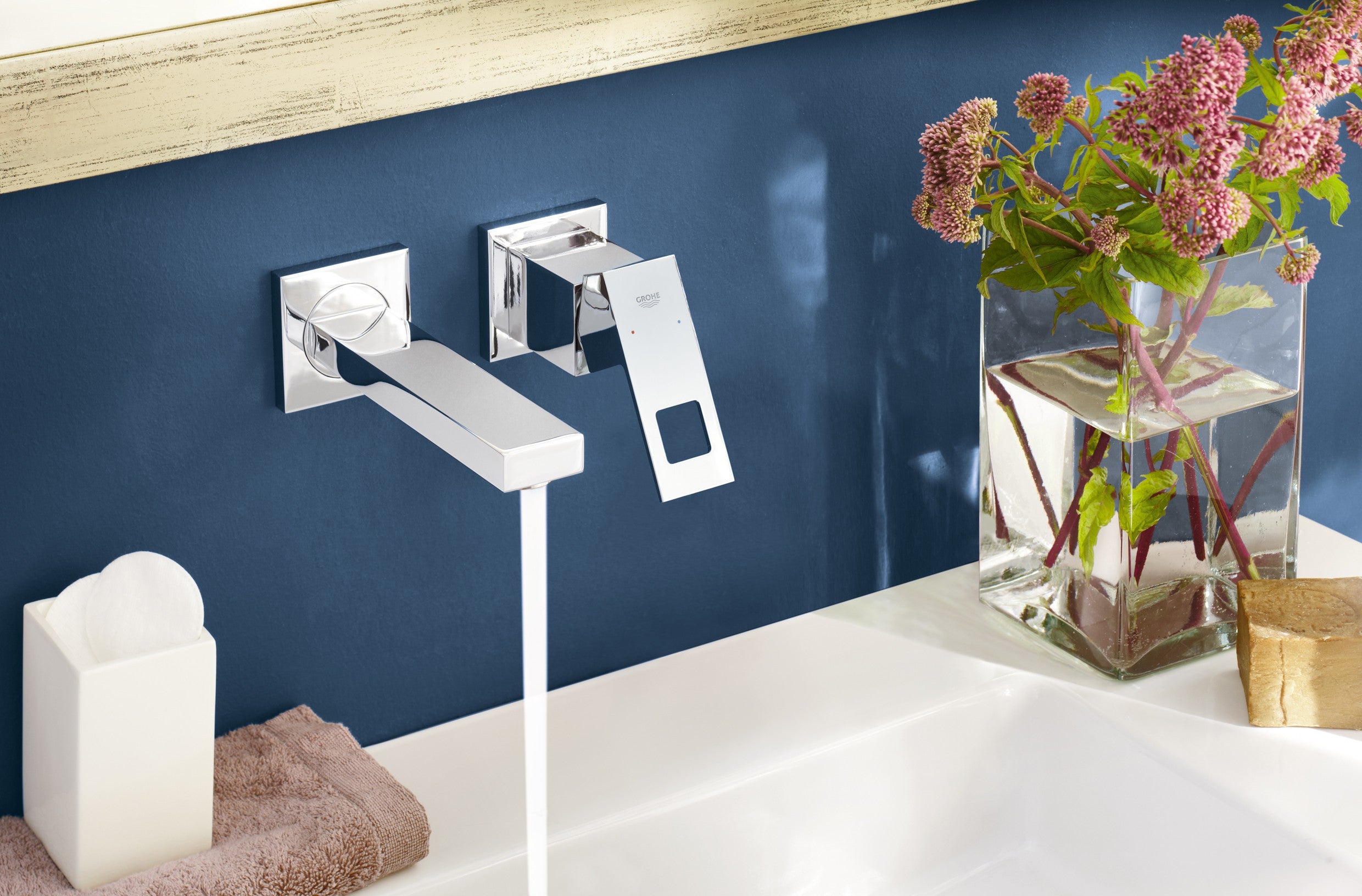 Grohe Eurocube 2 hole wall mounted basin mixer installed in bathroom