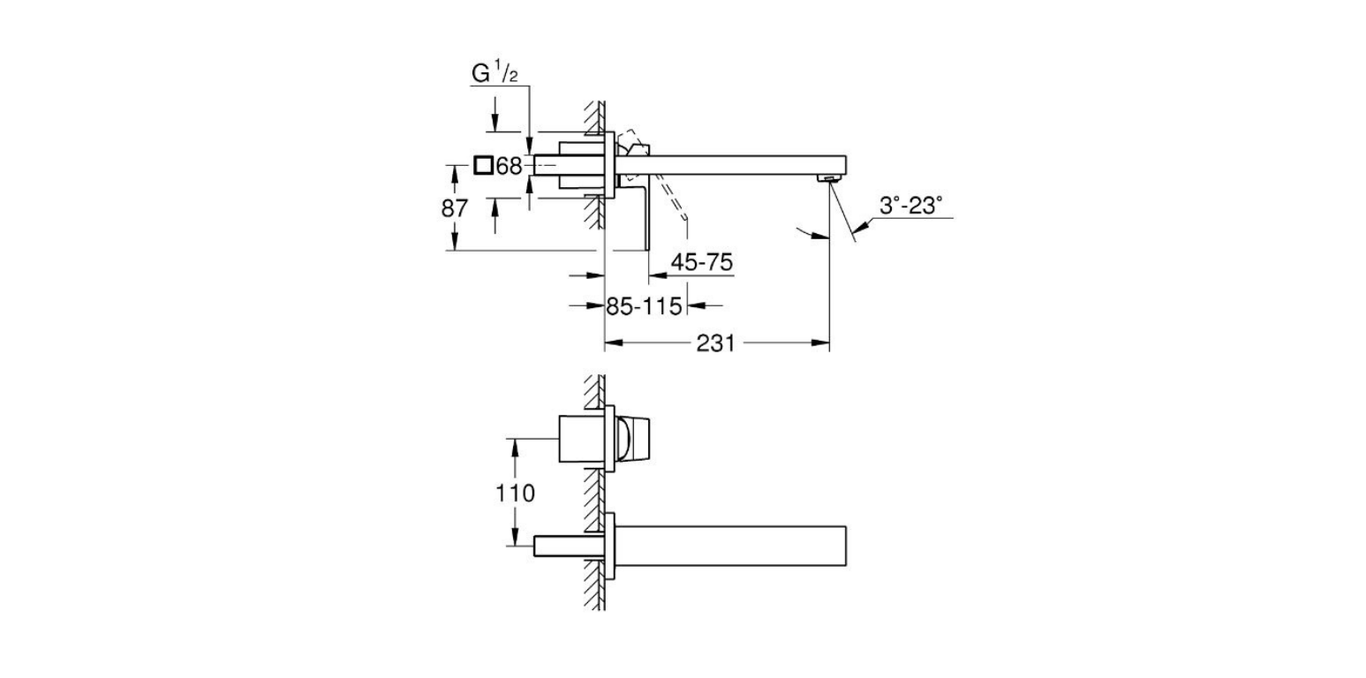 Grohe Eurocube 2 hole wall mounted basin mixer technical dimensions chart