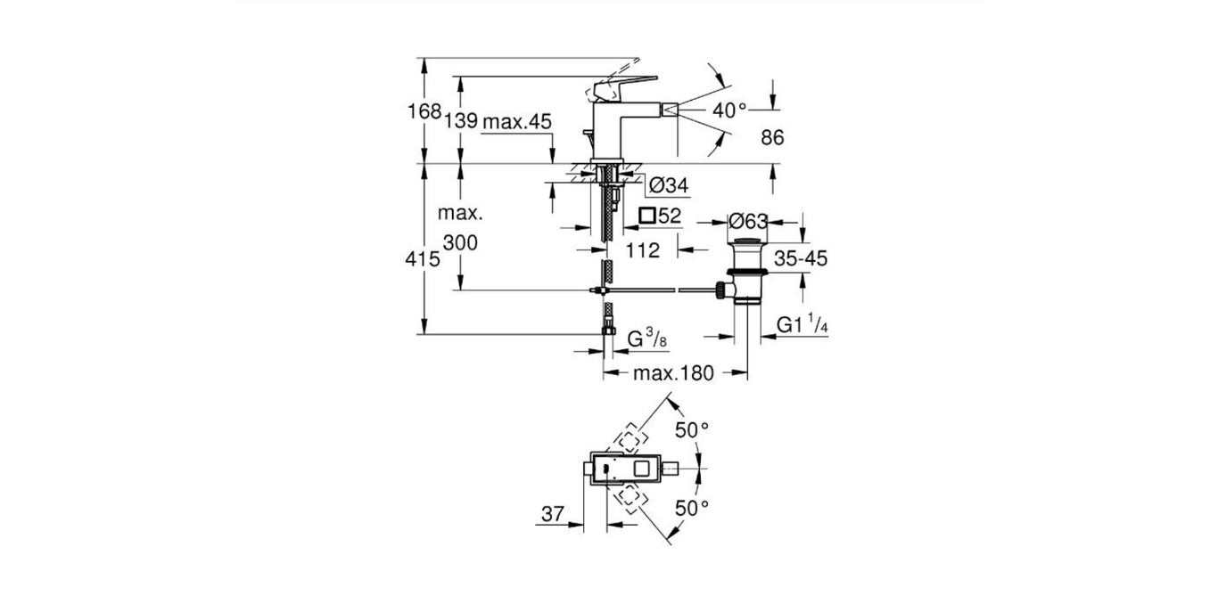 Grohe Eurocube bidet mixer technical dimensions chart