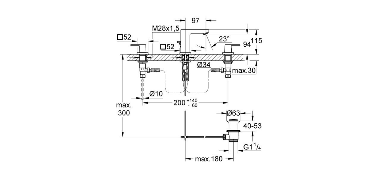 Grohe Eurocube counter mounted basin mixer technical dimensions chart