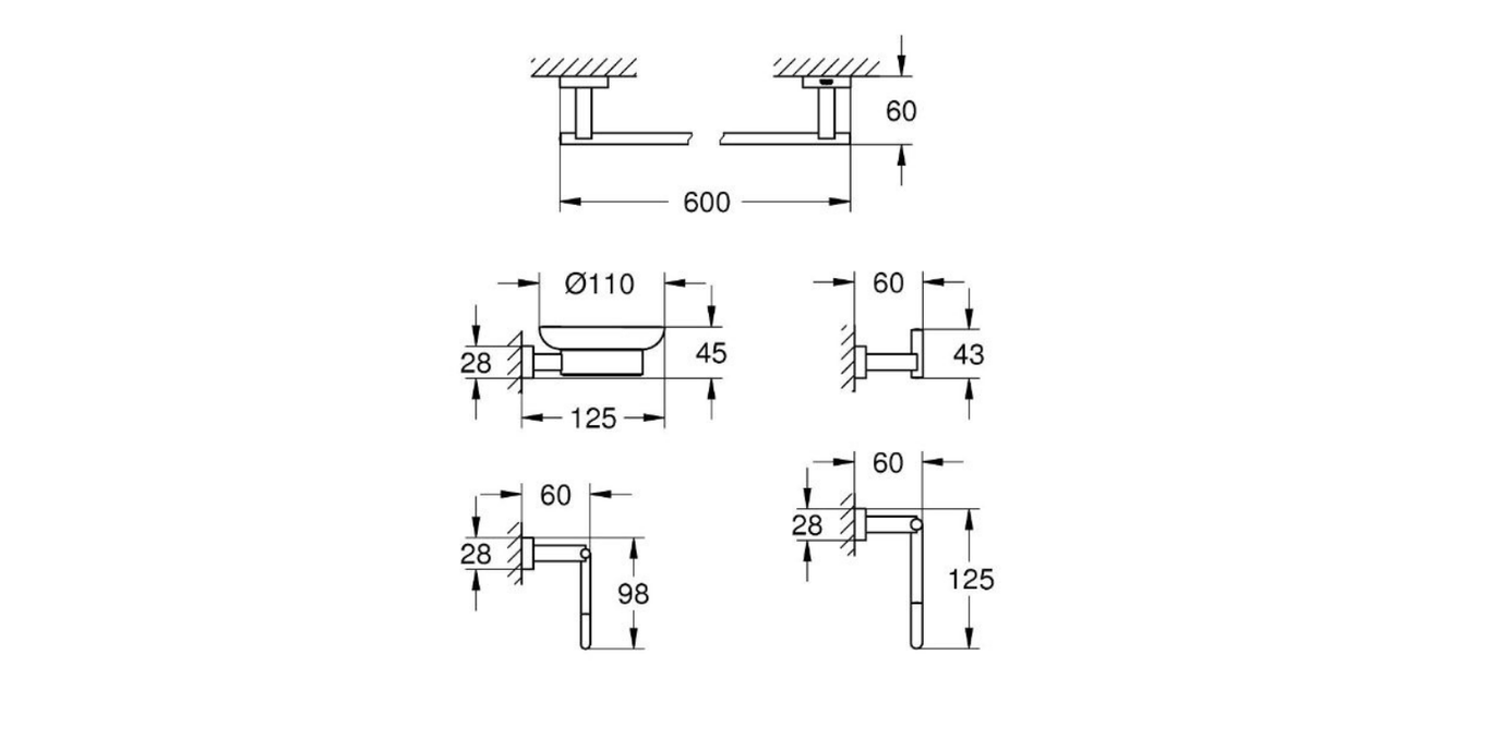 Grohe Eurocube bathroom accessories set technical dimensions chart
