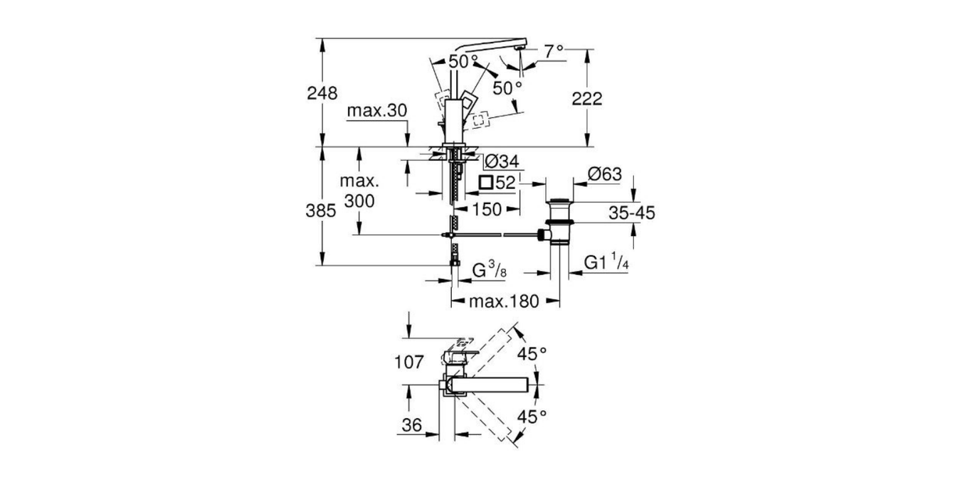 Grohe Eurocube single lever basin mixer L-Size technical dimensions chart