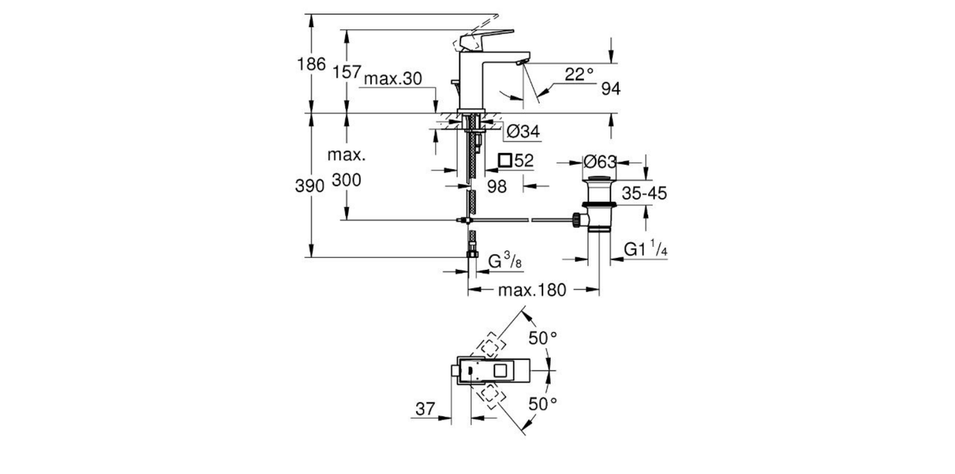 Grohe Eurocube single lever basin mixer S-size technical dimensions chart