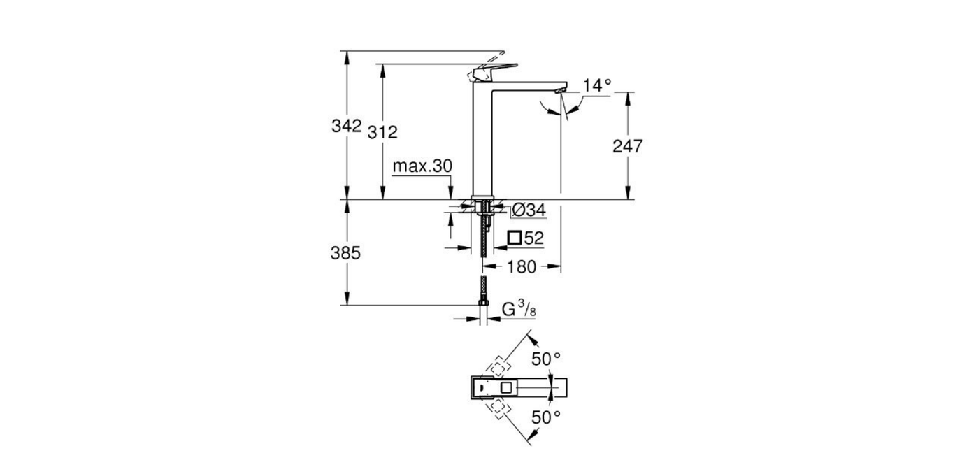 Grohe Eurocube single lever basin mixer XL-size technical dimensions chart