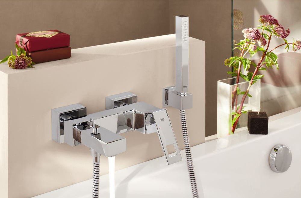 Grohe Eurocube single lever bath mixer installed in bathroom