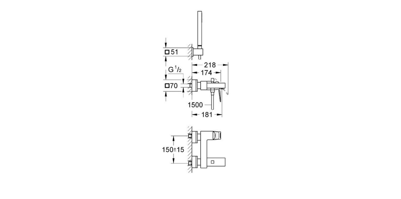 Grohe Eurocube single lever bath mixer technical dimensions chart