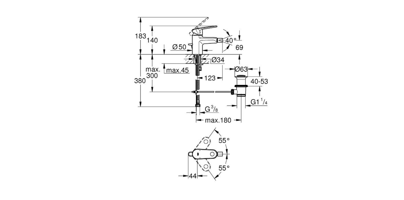 Grohe Europlus bidet mixer technical dimensions chart