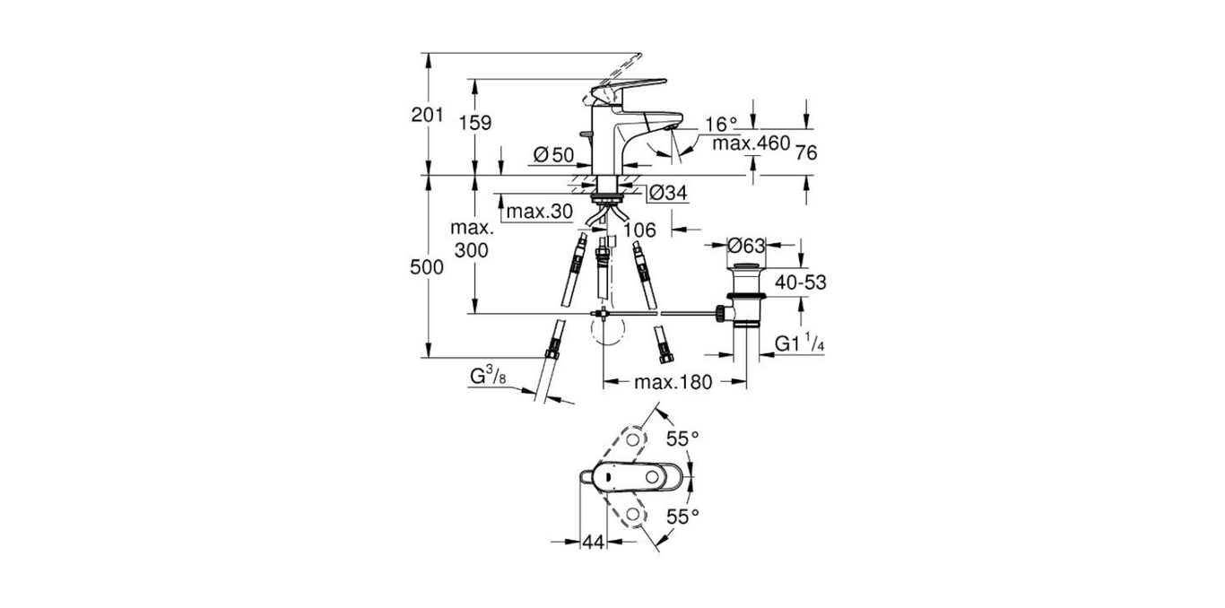 Grohe Europlus single lever basin mixer technical dimensions chart