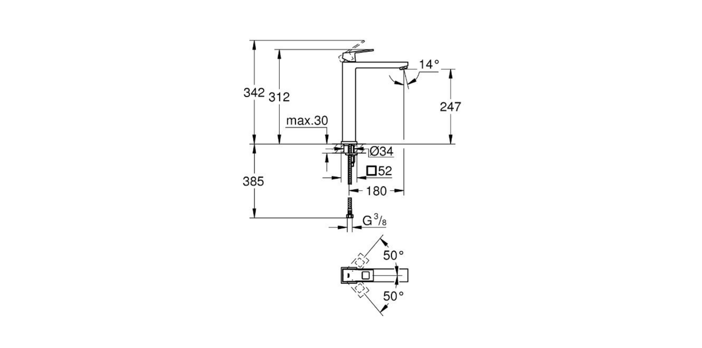 Grohe Europlus single lever basin mixer XL-Size technical dimensions chart