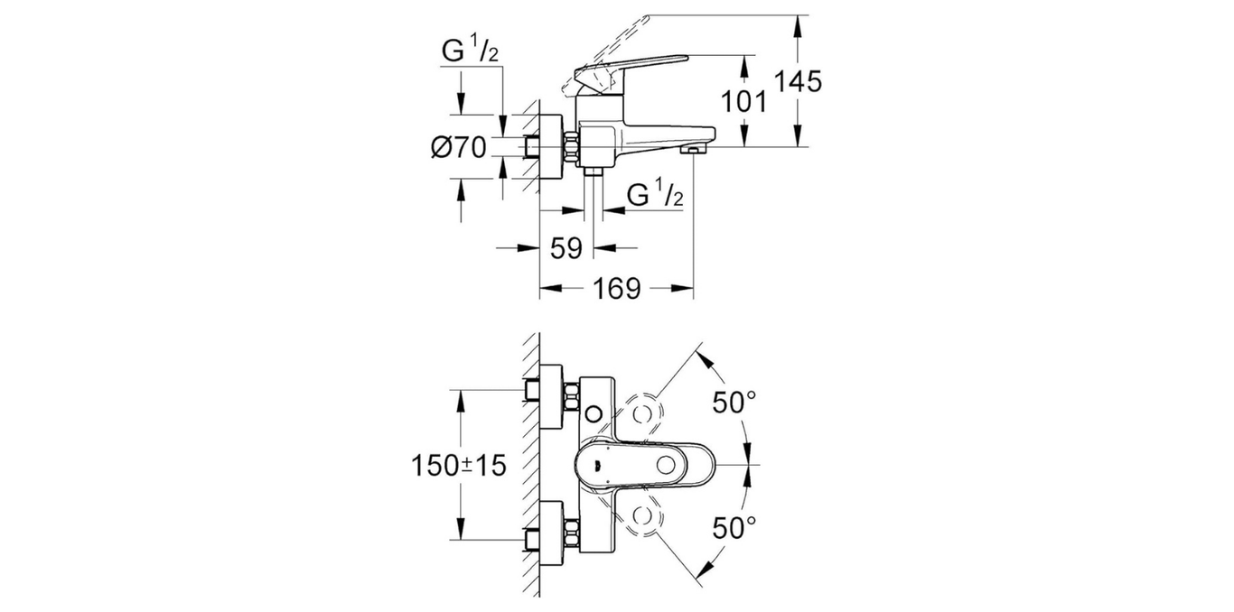 Grohe Europlus wall type tub mixer technical dimensions chart