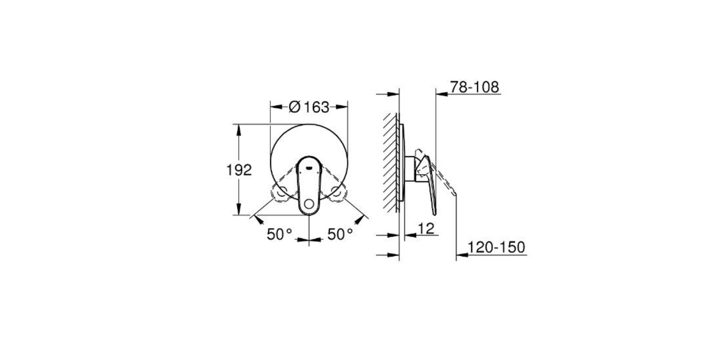 Grohe Europlus single lever shower mixer technical dimensions chart