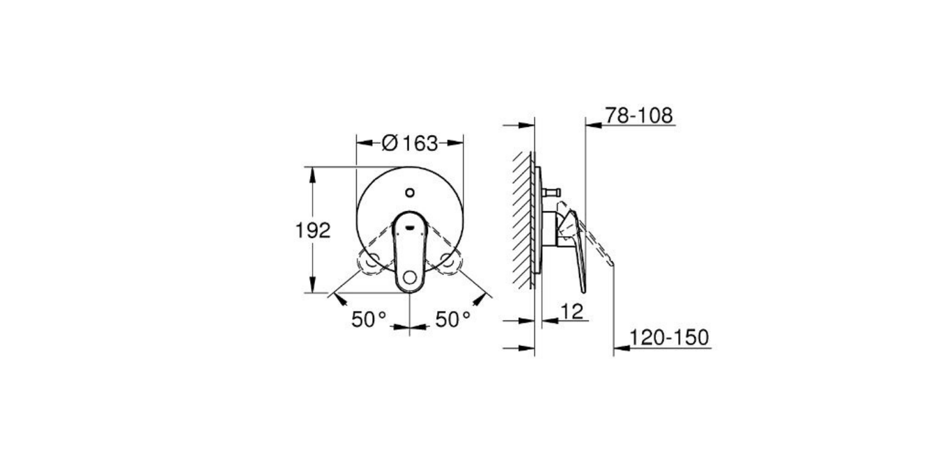 Grohe Europlus two way shower mixer technical dimensions chart