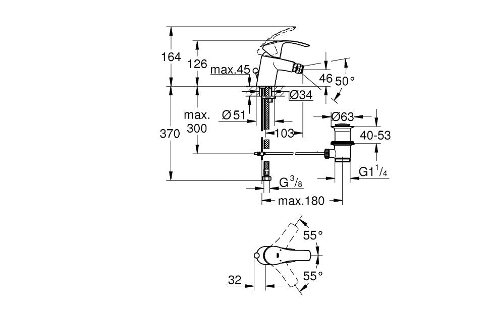 Grohe Eurosmart bidet mixer technical dimensions chart