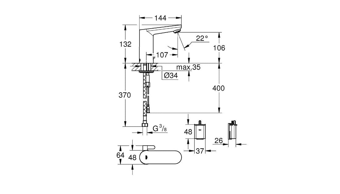Grohe Eurosmart Cosmo E electronic basin mixer technical dimensions chart