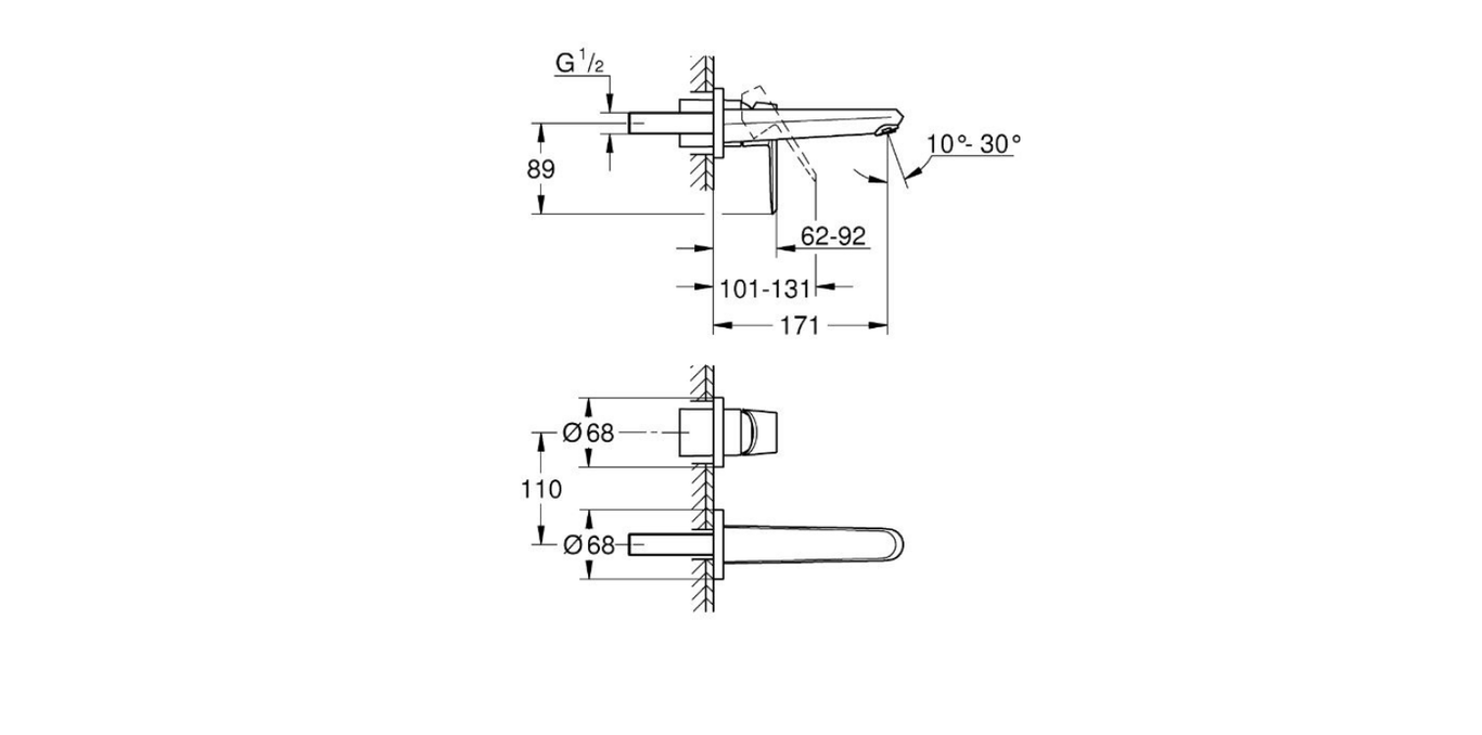 Grohe Eurodisc 2 hole basin mixer technical dimensions chart