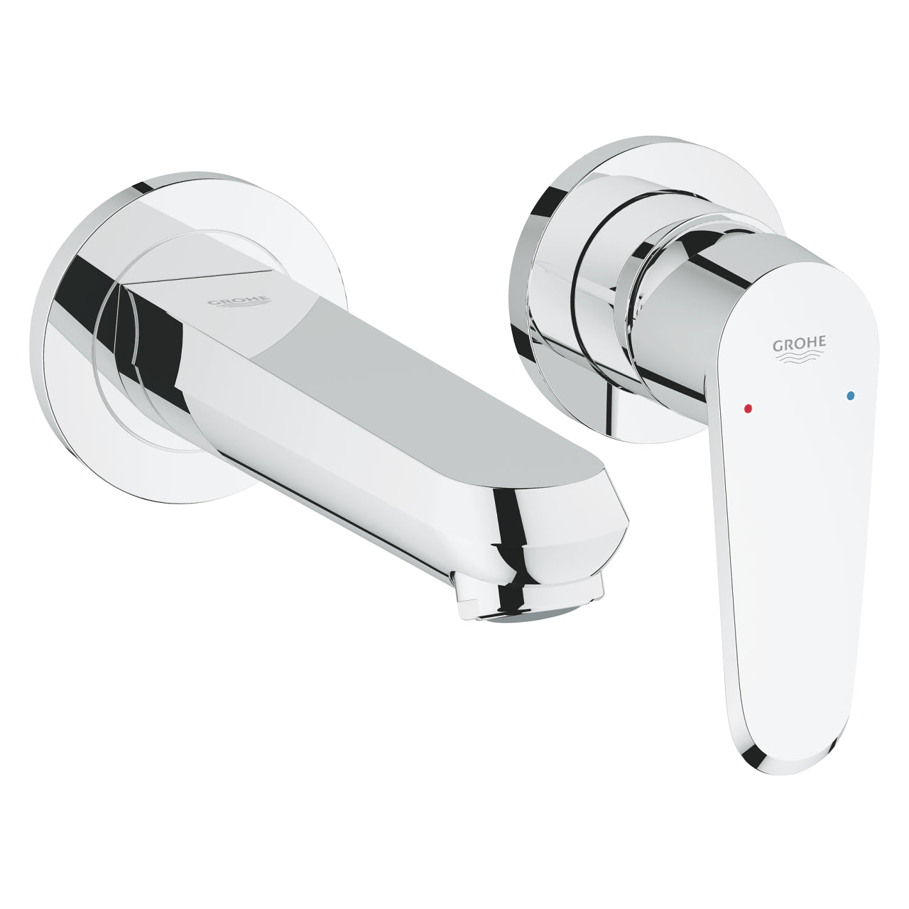 A chrome basin mixer with a squared design, featuring a hand shower on the right side and a control dial on the left side, with the brand 'GROHE' visible on the front.