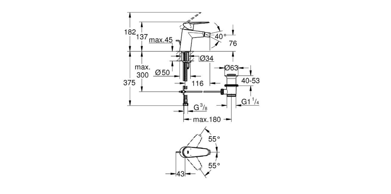Grohe Eurodisc bidet mixer technical dimensions chart
