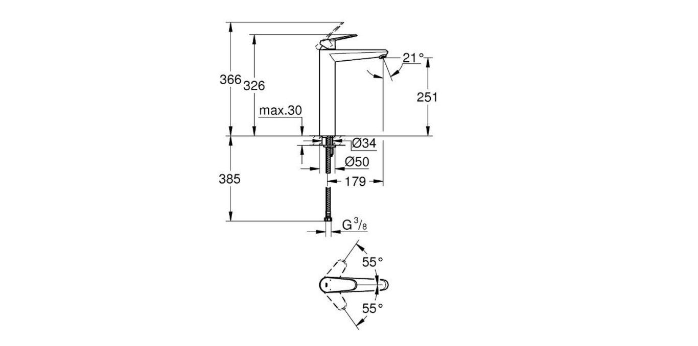 Grohe Eurodisc long height basin mixer technical dimensions chart