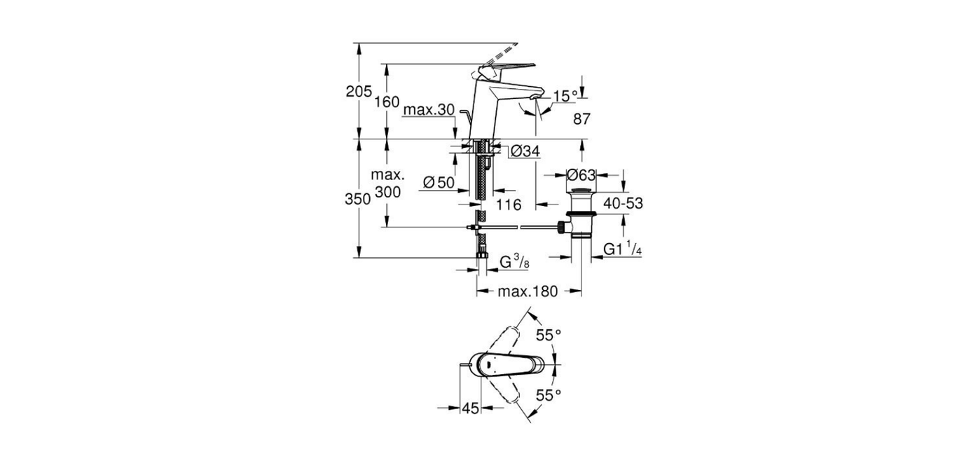 Grohe Eurodisc single lever basin mixer M-Size technical dimensions chart