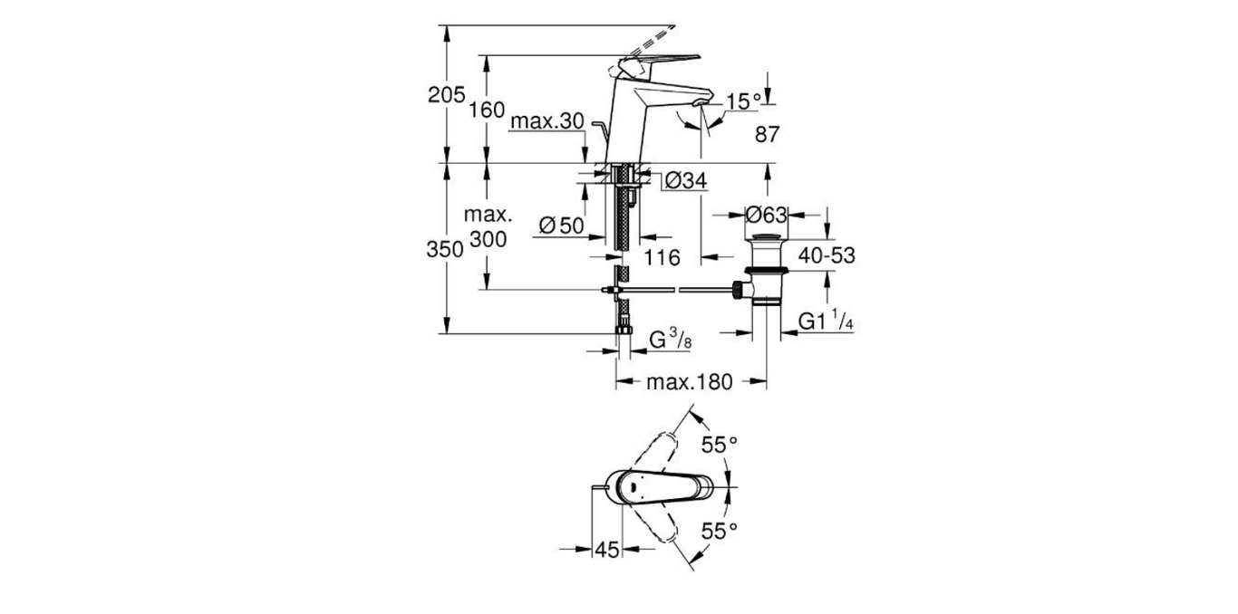 Grohe Eurodisc single lever basin mixer technical dimensions chart