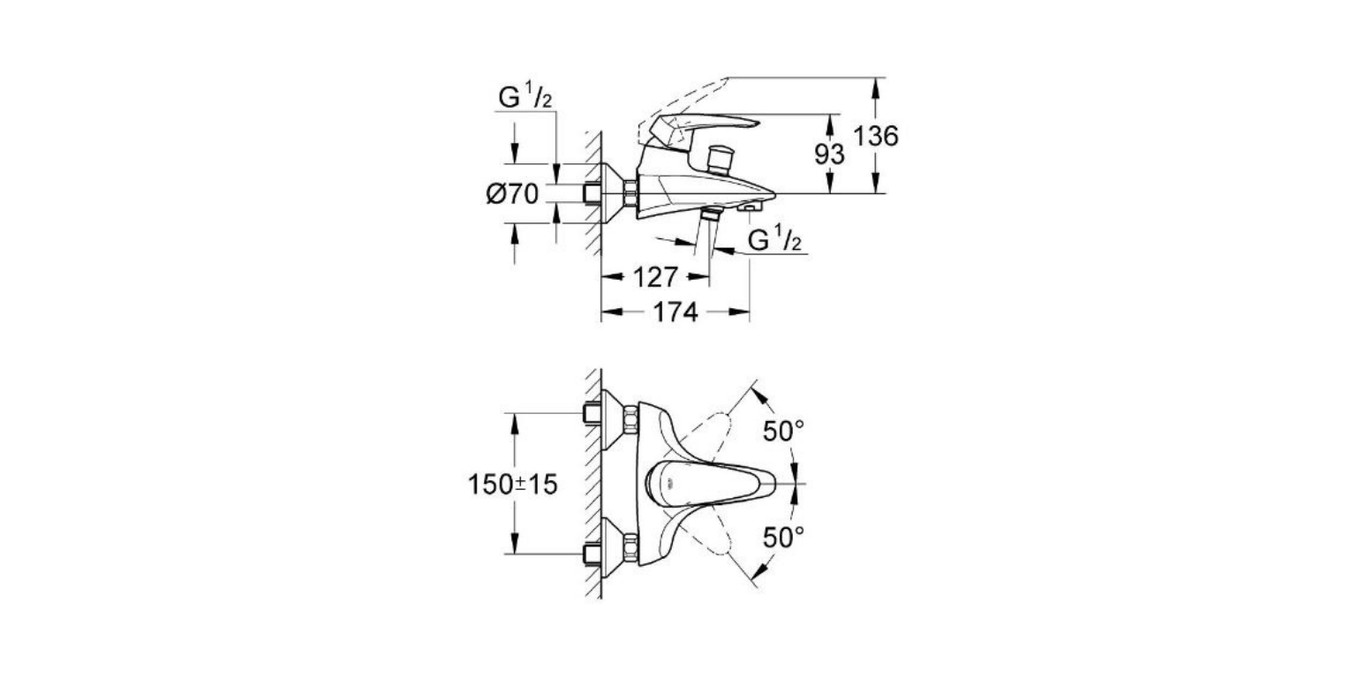 Grohe Eurodisc single lever bath mixer technical dimensions chart