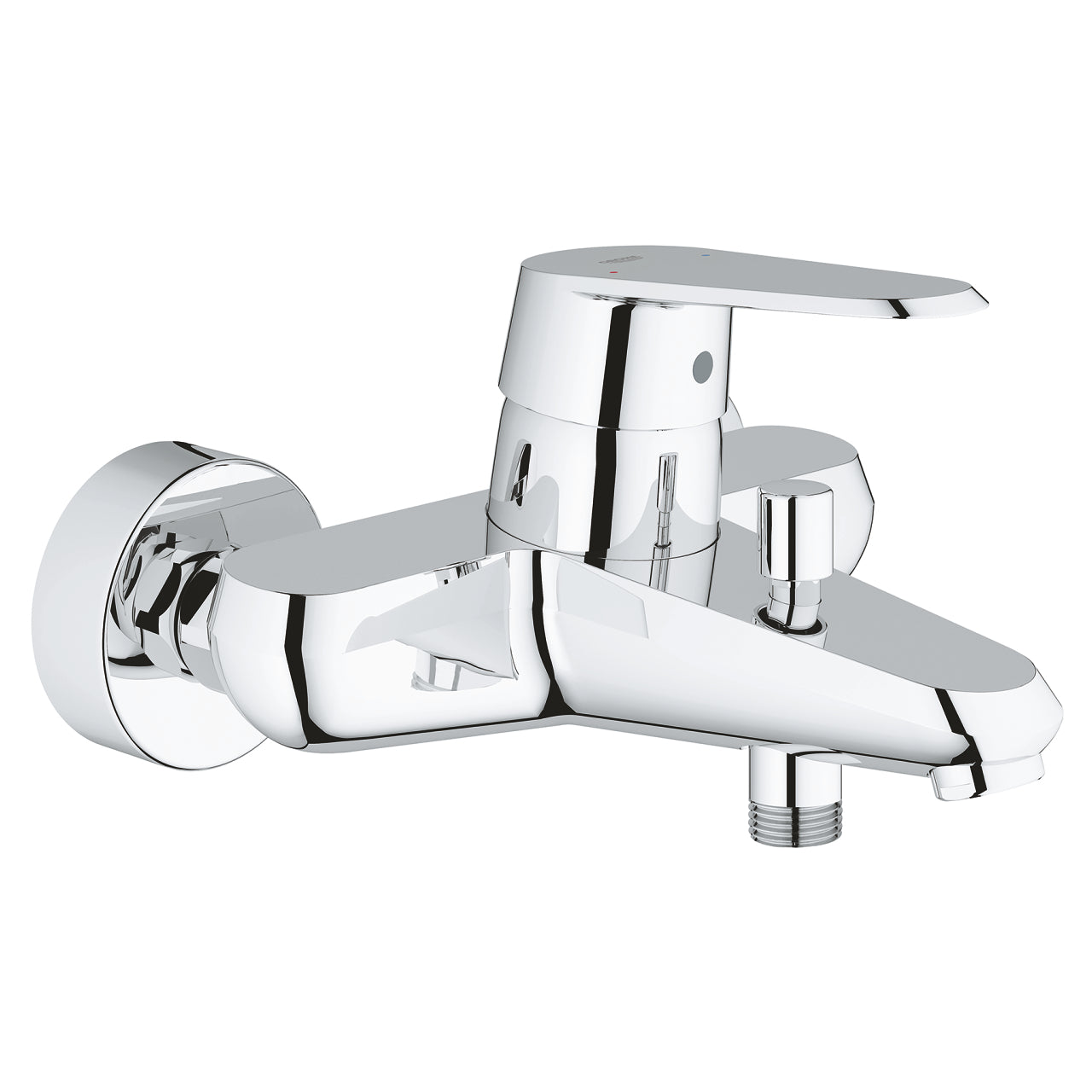A chrome-plated single lever bath mixer with a shiny, reflective surface.