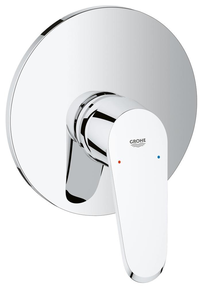 A chrome-finished Grohe single lever shower mixer with a modern design, featuring a sleek lever handle and a white plastic shower door.