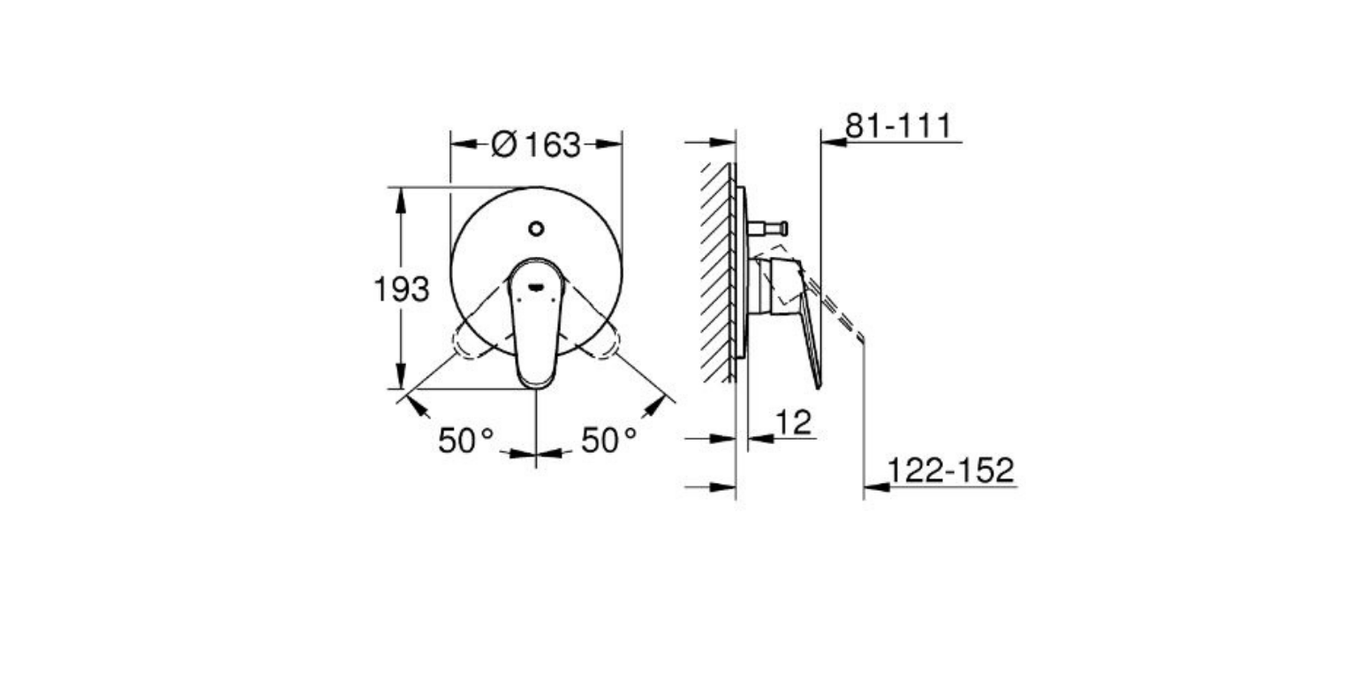 Grohe Eurodisc two way shower mixer technical dimensions chart