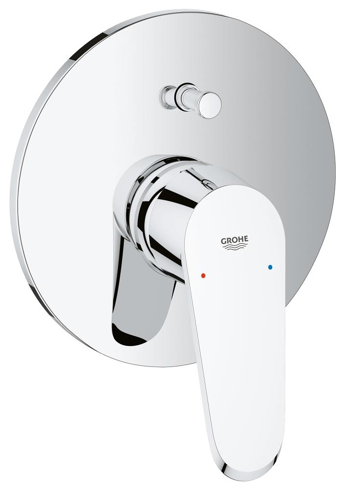 A chrome two-way shower mixer with a round disc design and levers on the side, branded by GROHE.