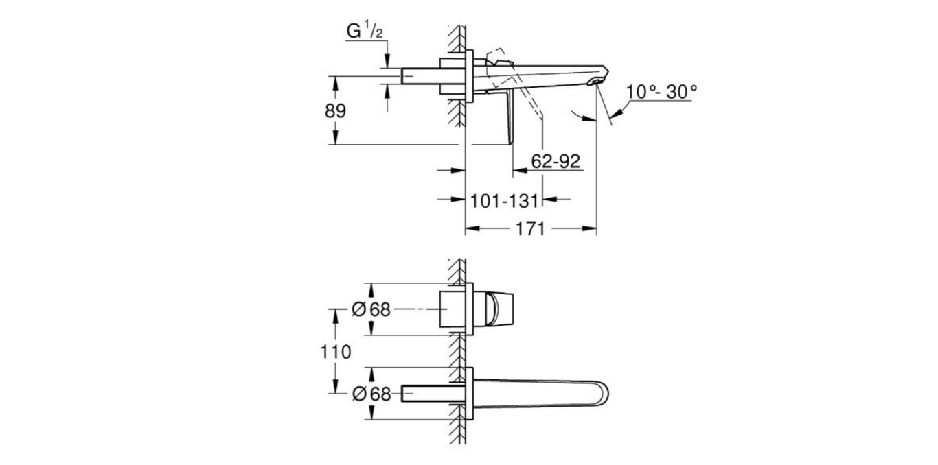 Grohe Eurodisc wall type basin mixer technical dimensions chart