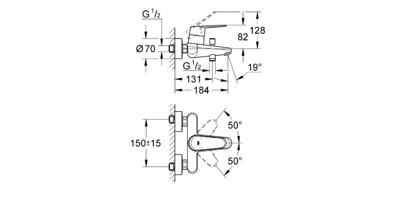 Grohe Eurodisc wall type tub mixer technical dimensions chart