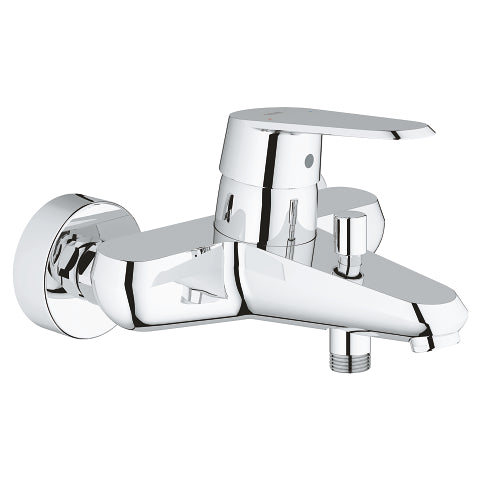 A wall-mounted tub mixer with a shiny metallic finish, appearing chrome or stainless steel in color, with a simplistic and modern design.