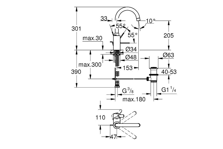 Grohe Eurosmart Cosmo side lever basin mixer technical dimensions chart