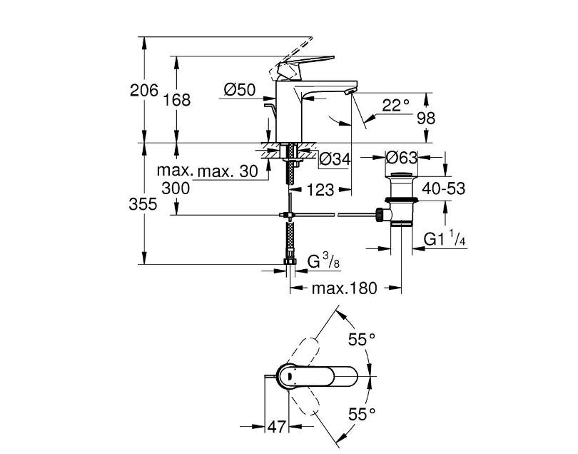 Grohe Eurosmart Cosmo single lever basin mixer technical dimensions chart