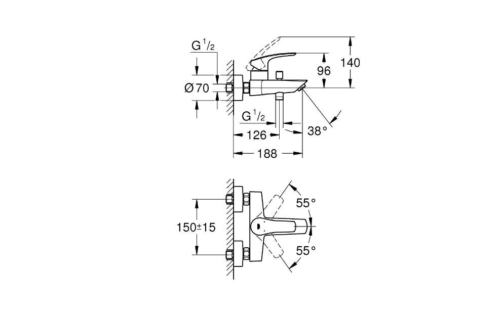 Grohe Eurosmart single lever bath mixer technical dimensions chart