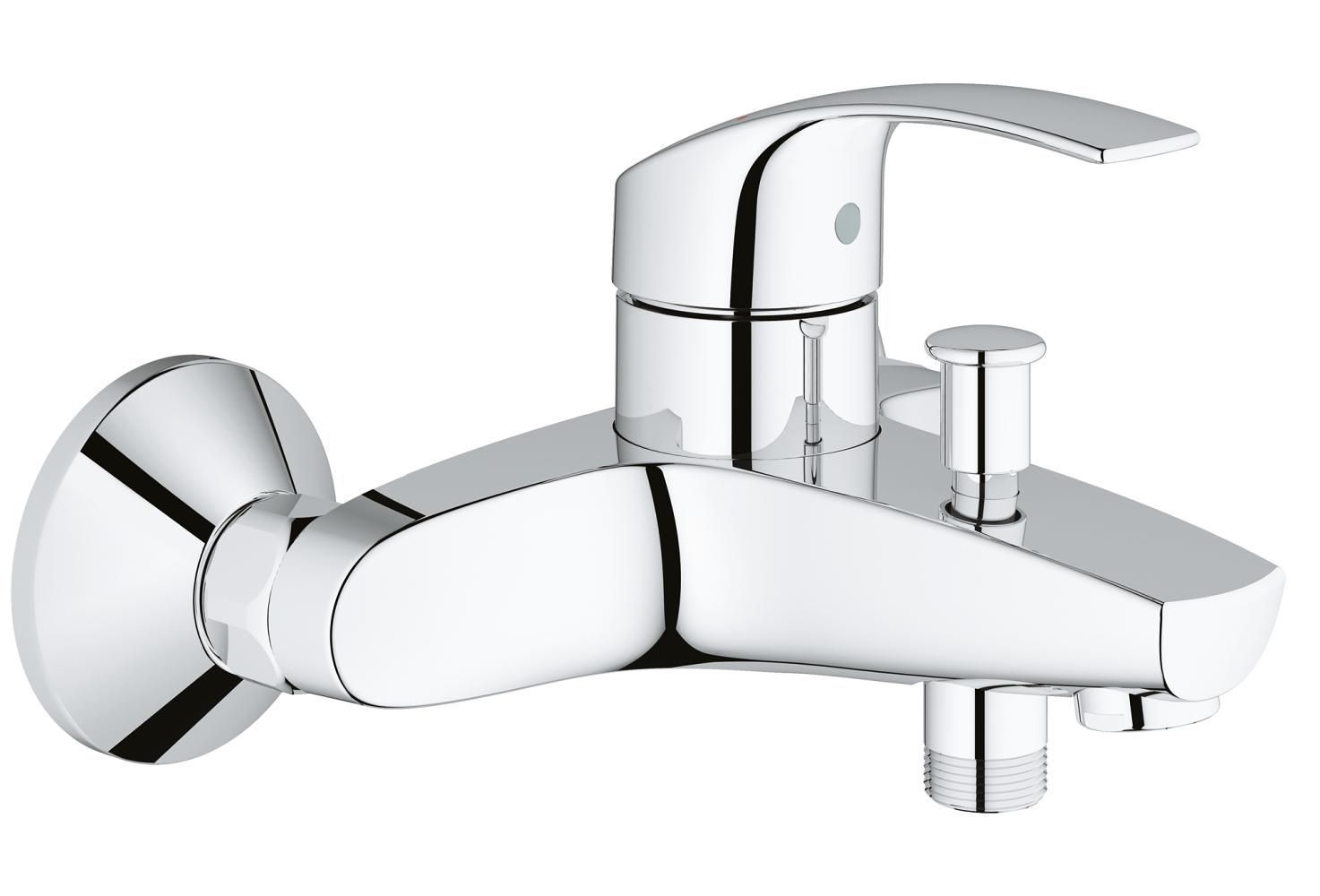 A silver-colored single lever bath mixer with a modern design, including a basin and faucet.