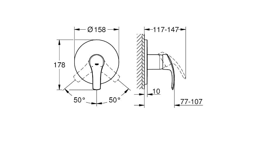 Grohe Eurosmart single lever shower mixer technical dimensions chart