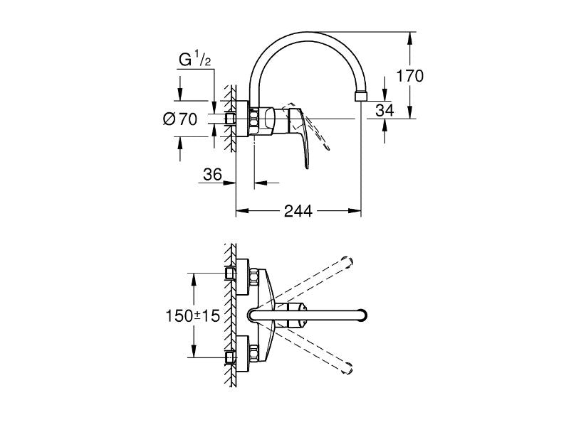 Grohe Eurosmart single lever sink mixer technical dimensions chart