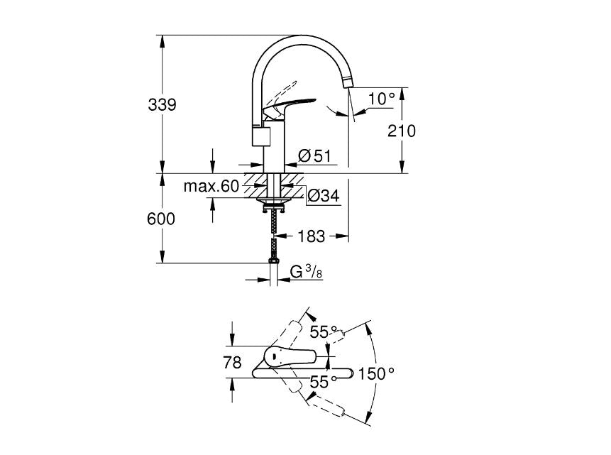 Grohe Eurosmart single lever sink mixer technical dimensions chart