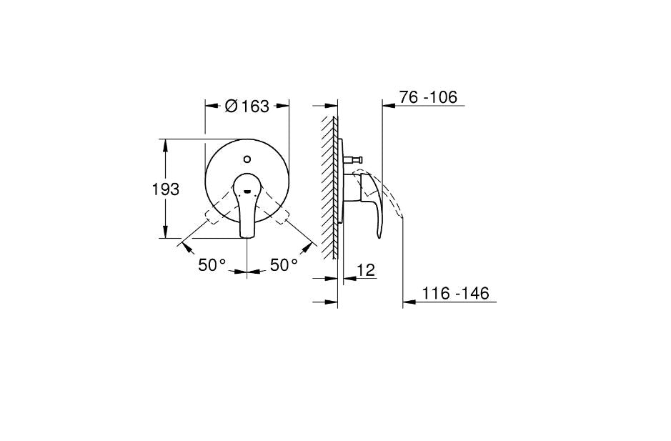 Grohe Eurosmart two way shower mixer technical dimensions chart
