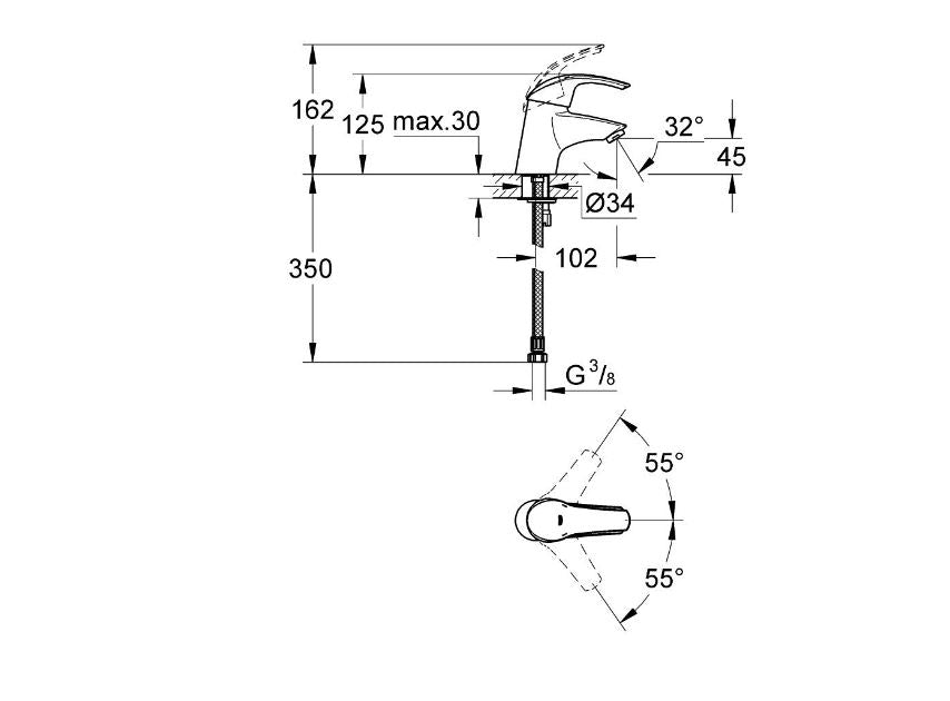 Grohe Eurosmart single lever basin mixer technical dimensions chart