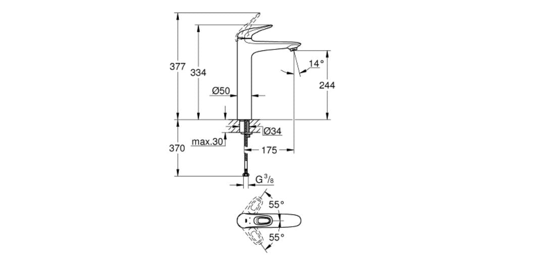 Grohe Eurostyle basin mixer XL-Size technical dimensions chart