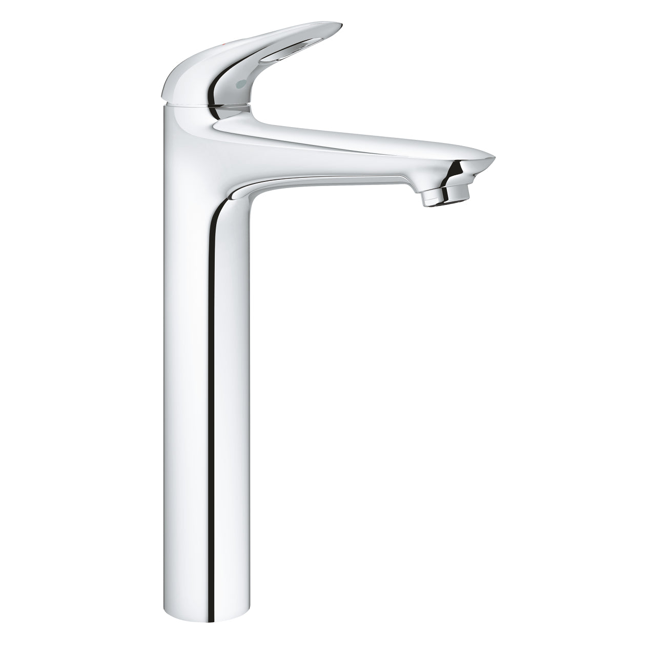A chrome-plated basin mixer faucet with a high arch and a sleek design, intended for use in a bathroom setting.