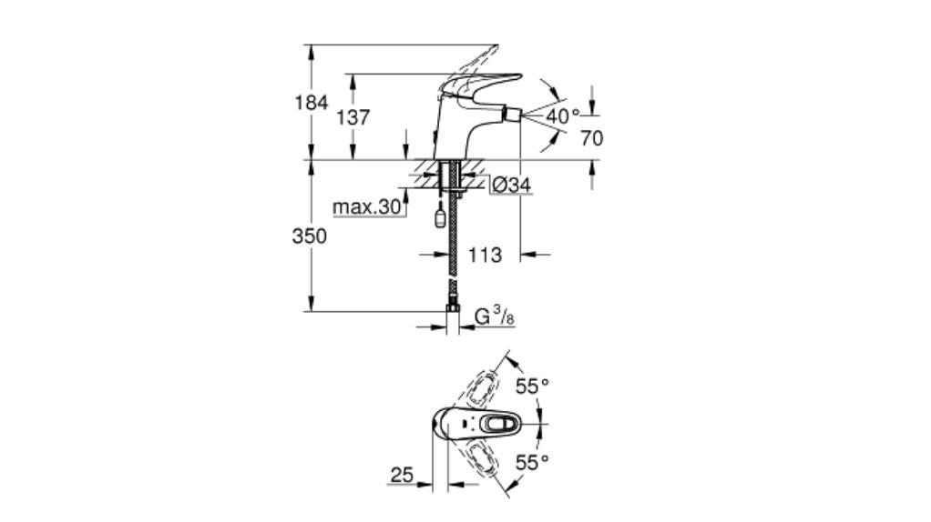 Grohe Eurostyle bidet mixer technical dimensions chart