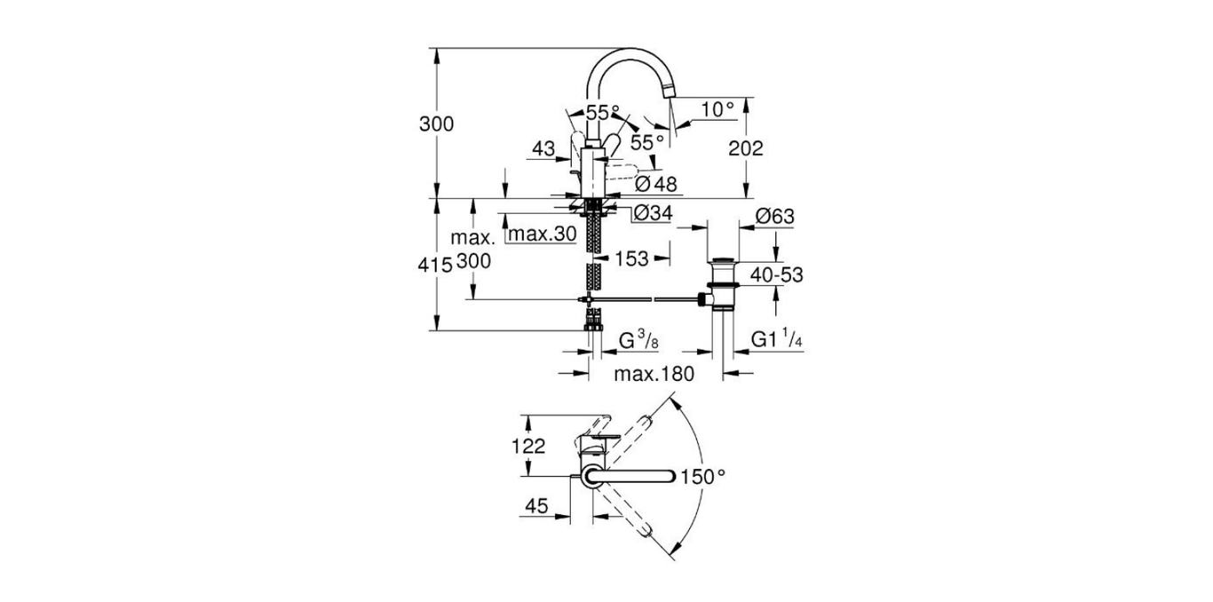 Grohe Eurostyle side lever basin mixer technical dimensions chart