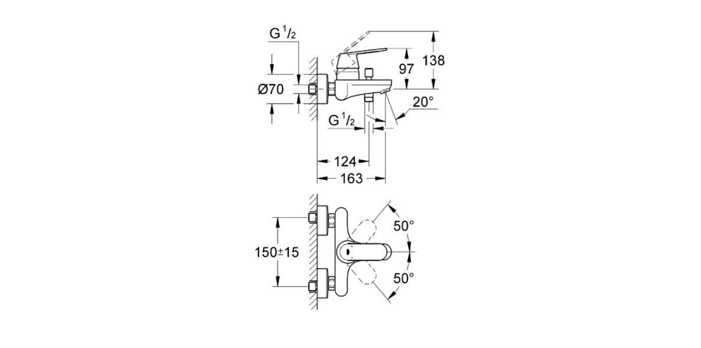 Grohe Eurostyle single lever bath shower mixer technical dimensions chart