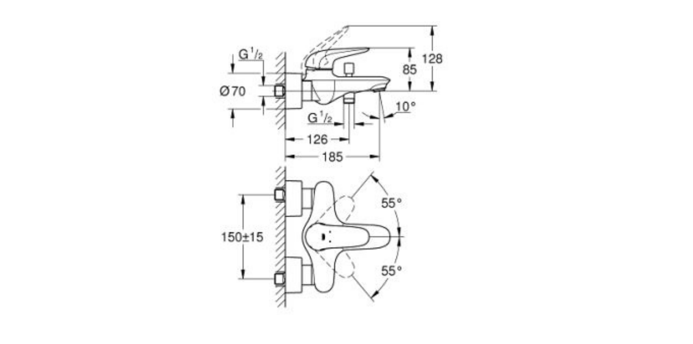 Grohe Eurostyle single lever bath shower mixer technical dimensions chart